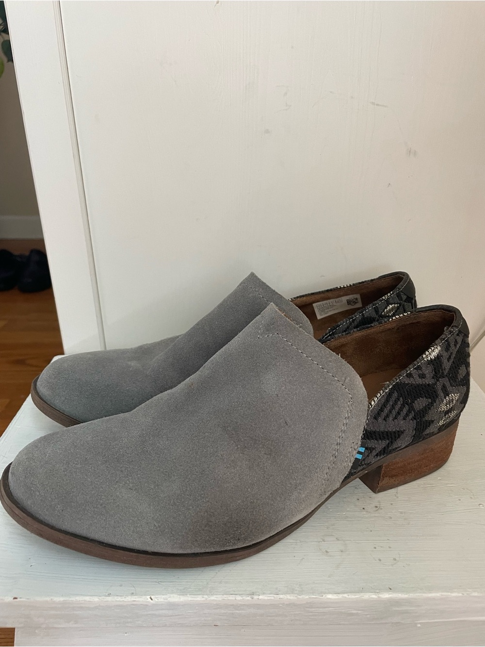 Toms Grey Suede Low Heel Slip-On Mules with Patterned Heel